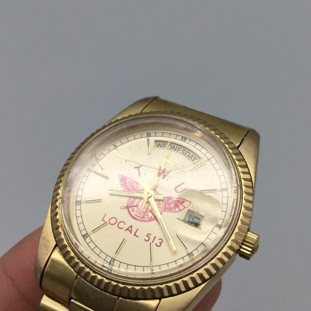 Jules Jurgensen TWU Local 513 Mens Watch 34mm Gold Tone Day Date New Battery